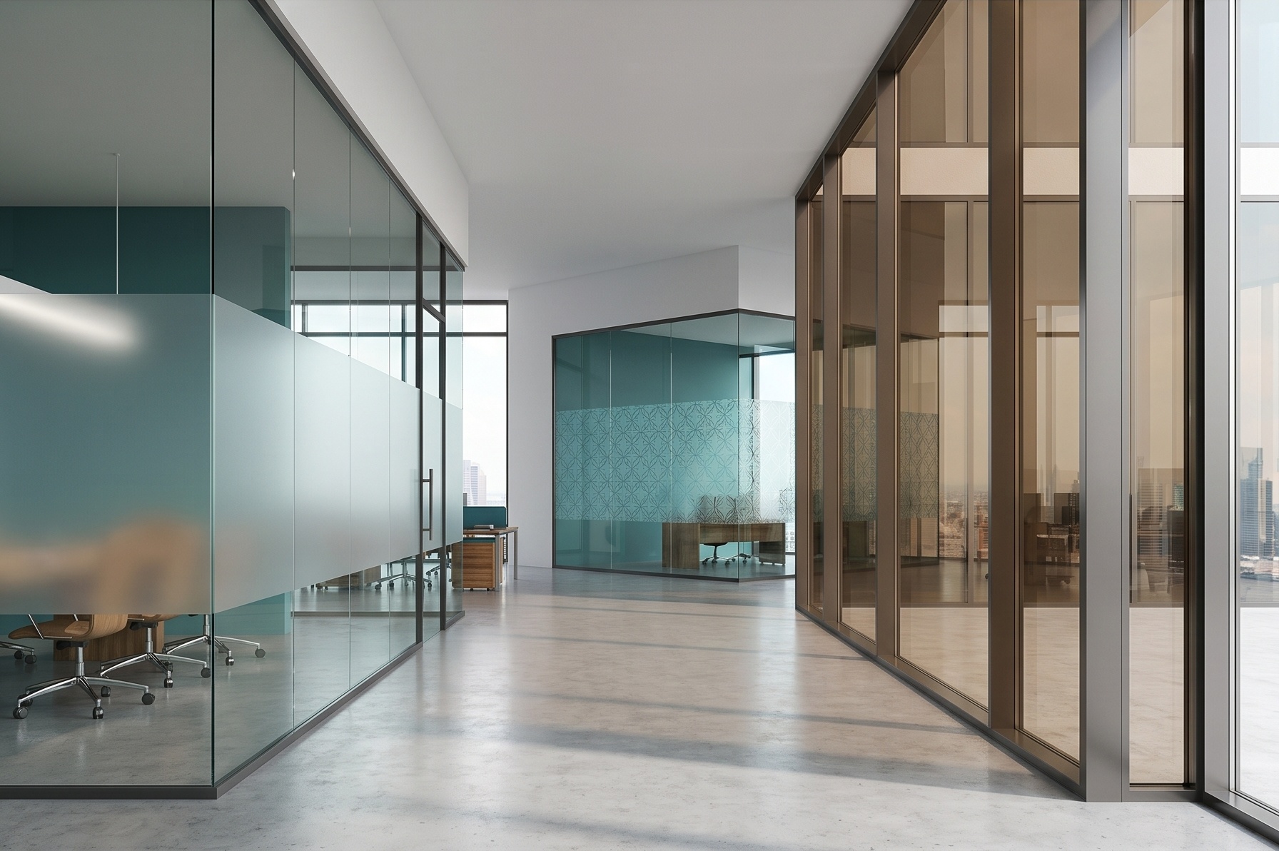 Bâtiment moderne avec films solaire bronze, dépoli et décoratif sur cloisons vitrées